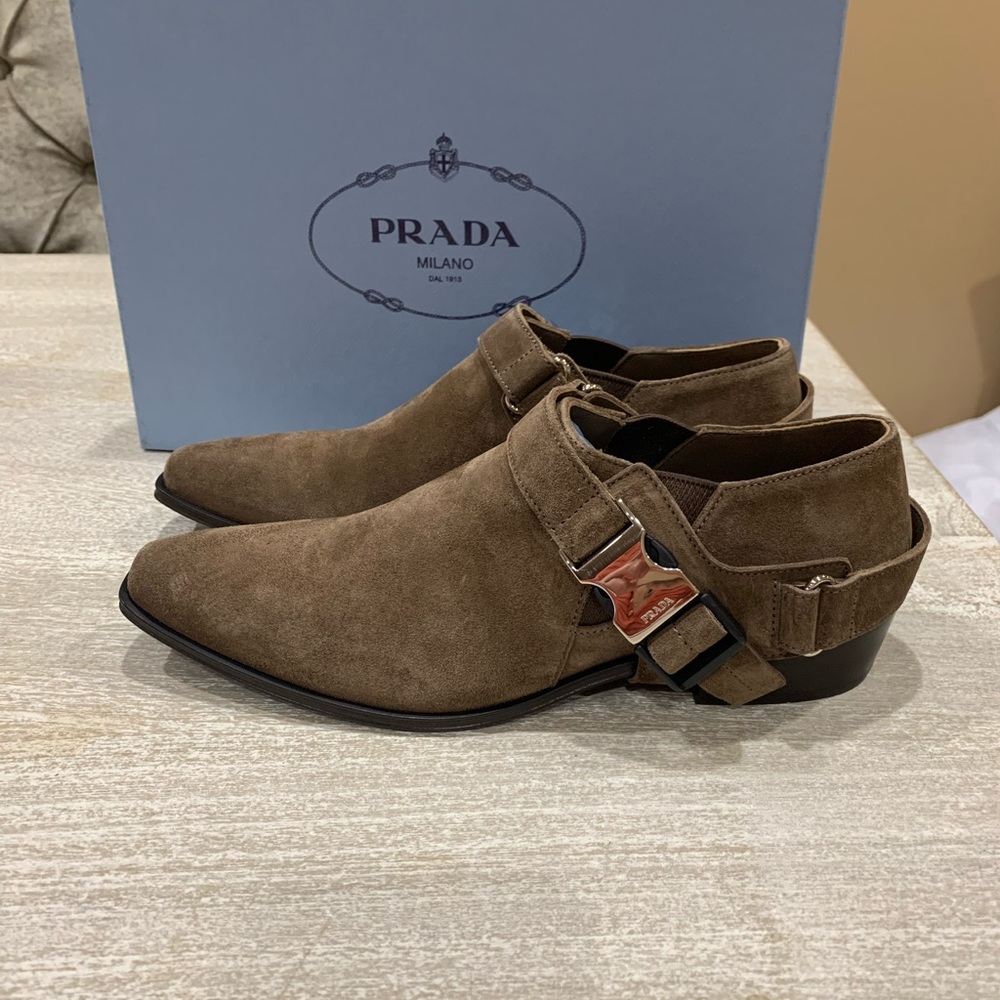 PRADA suede buckle ankle booties
